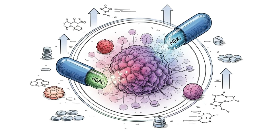 Illustration of synergistic cancer therapy showing combination drug treatment inducing metabolic stress in tumor cells