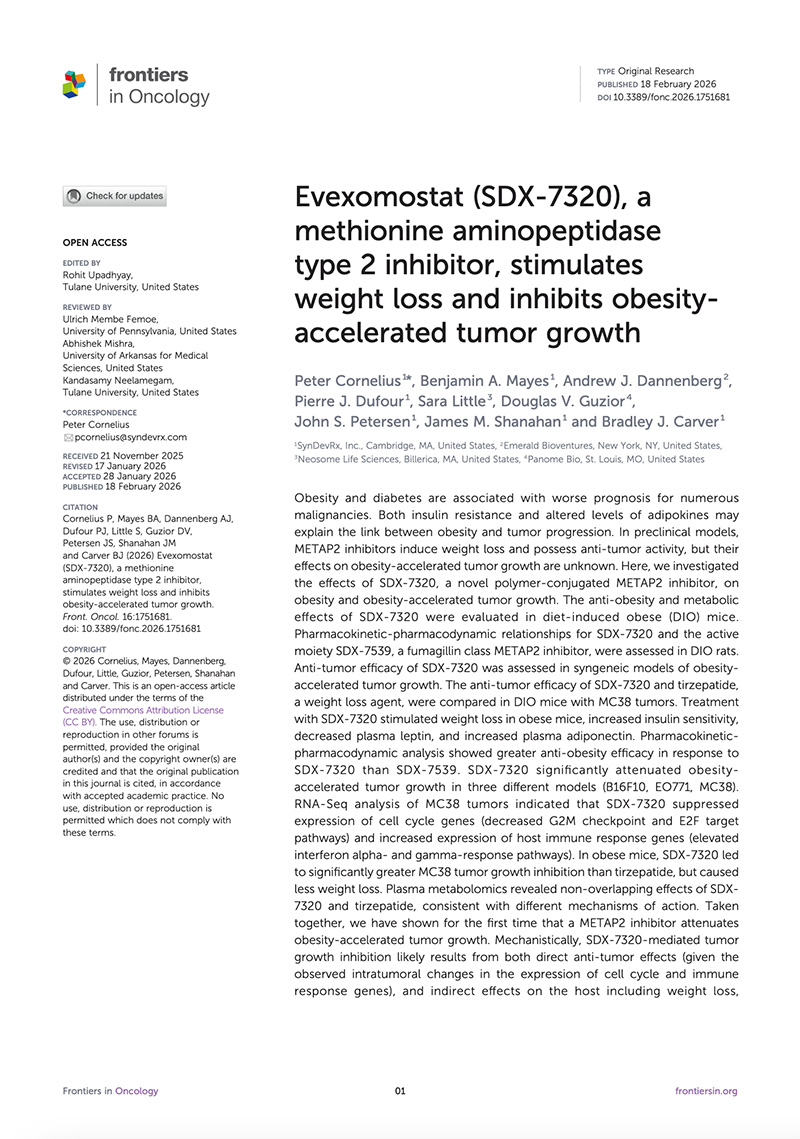Evexomostat (SDX-7320) Reduces Obesity-Driven Tumor Growth