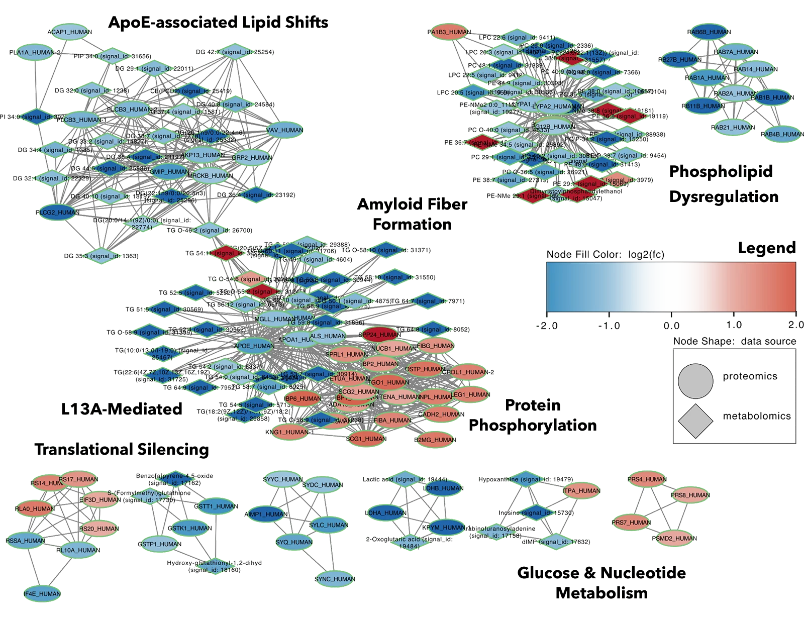 Integrated network of metabolites and proteins in Alzheimer’s disease, colored by log2 fold change, revealing system-level disease organization & molecular interactions.