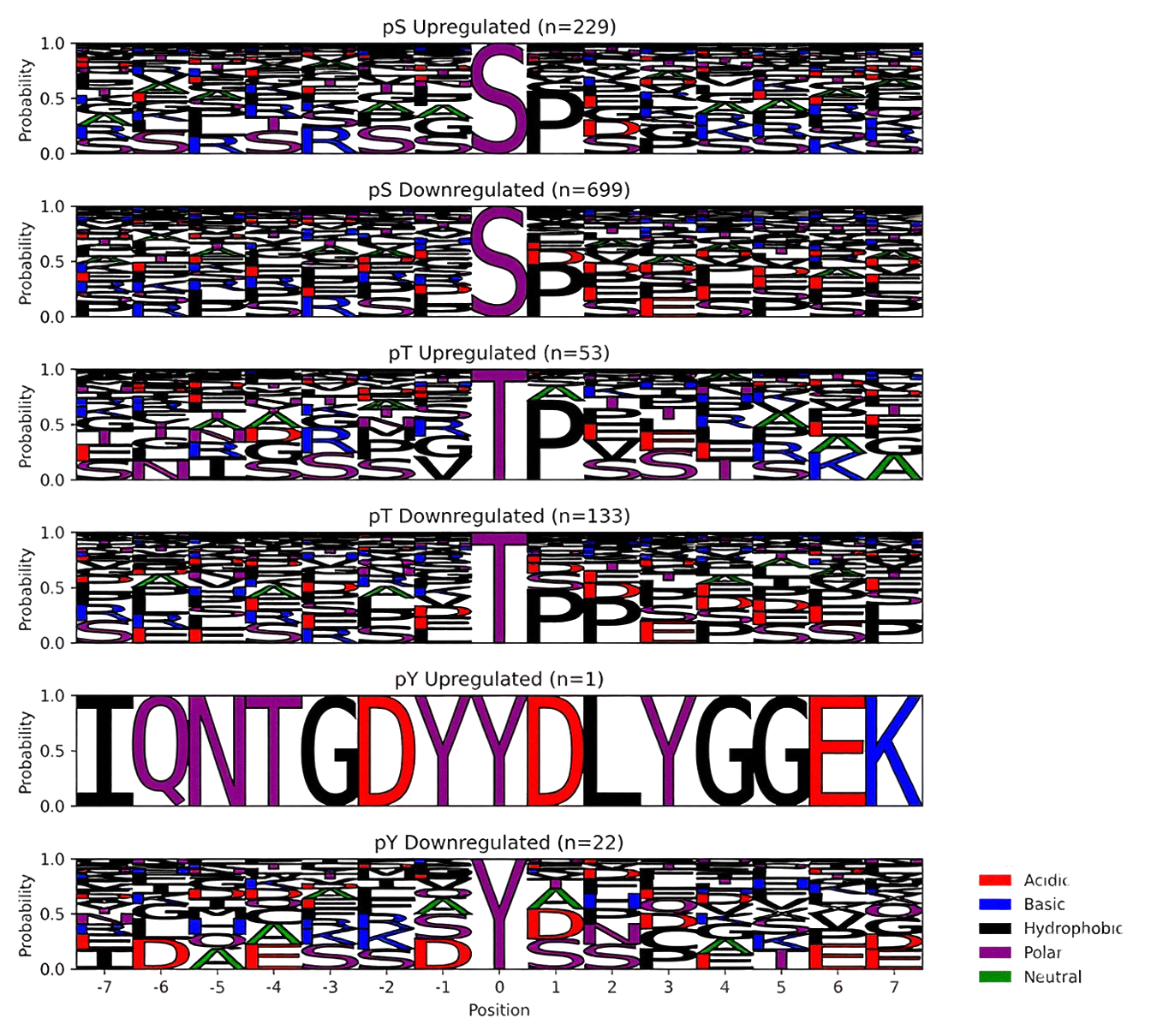 Motif analysis of phosphorylation sites showing enriched amino acid sequences around modified residues in signaling proteins