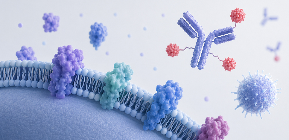 Illustration of cell surface proteomics showing membrane proteins, lipid structures, antibody-drug conjugates and CAR-T cells